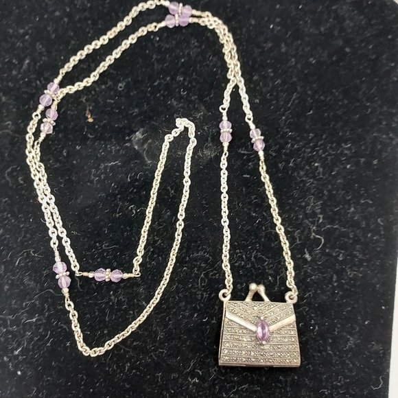 Sterling Silver Amethyst marcasite purse locket Necklace - Picture 4 of 7